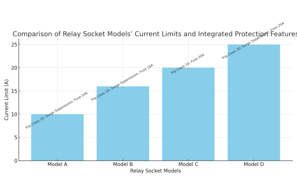 Comparison of relay socket models’ current limits and integrated protection features (overload trip class, surge suppression, fuse rating). Alt: A bar chart showing current rating vs. features for different relay sockets.