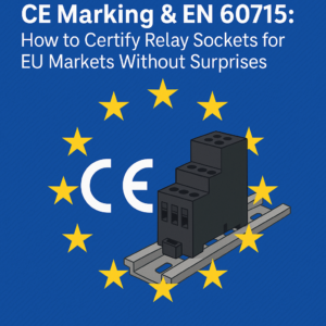 Flat-style digital illustration for an article cover on CE marking compliance for relay sockets, featuring EU flag elements, technical icons, and certification symbols to convey standards, directives, and product safety