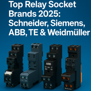 Cover image for the article 'Top Relay Socket Brands 2025: Schneider, Siemens, ABB, TE & Weidmüller'. The image shows five different relay sockets from major global brands arranged side by side on a blue background, with the title text displayed clearly at the top. The design emphasizes professionalism, technology, and the leading role of these companies in the electrical industry.CDGKZ