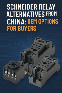 Blog cover image showing Schneider relay alternatives from China with OEM options for buyers. Features relay sockets on a blue circuit board background with bold title text.