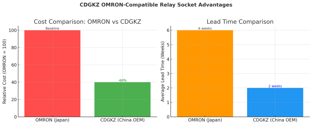 Cost comparison chart showing OMRON relay socket vs CDGKZ OEM alternative with 60% savings Lead time comparison between OMRON relay sockets and CDGKZ Chinese manufacturer alternatives Factory-direct relay socket pricing from CDGKZ compared to premium OMRON brand cost OMRON relay base replacement chart highlighting cost-effective CDGKZ alternatives Chinese OEM relay socket supplier CDGKZ offering faster delivery and lower prices than OMRON