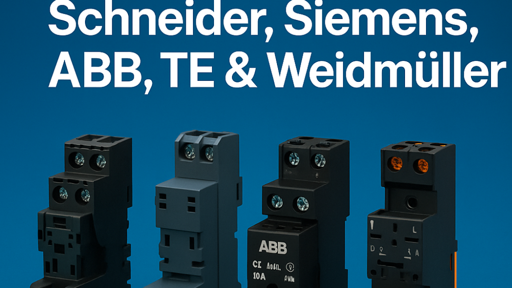 Cover image for the article 'Top Relay Socket Brands 2025: Schneider, Siemens, ABB, TE & Weidmüller'. The image shows five different relay sockets from major global brands arranged side by side on a blue background, with the title text displayed clearly at the top. The design emphasizes professionalism, technology, and the leading role of these companies in the electrical industry.CDGKZ