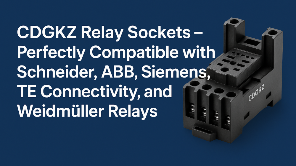Cover image showing a black CDGKZ relay socket on a deep blue background with bold white title text: “CDGKZ Relay Sockets – Perfectly Compatible with Schneider, ABB, Siemens, TE Connectivity, and Weidmüller Relays