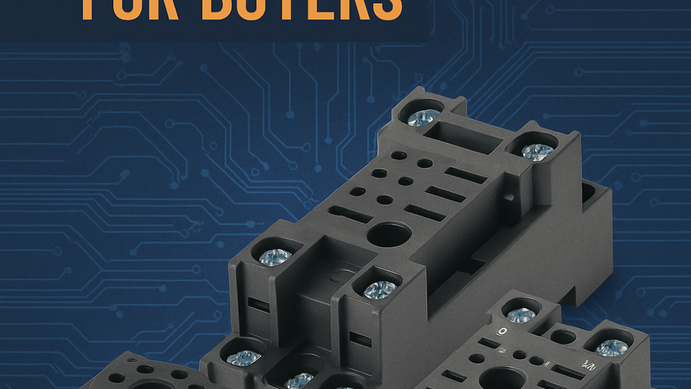 Blog cover image showing Schneider relay alternatives from China with OEM options for buyers. Features relay sockets on a blue circuit board background with bold title text.